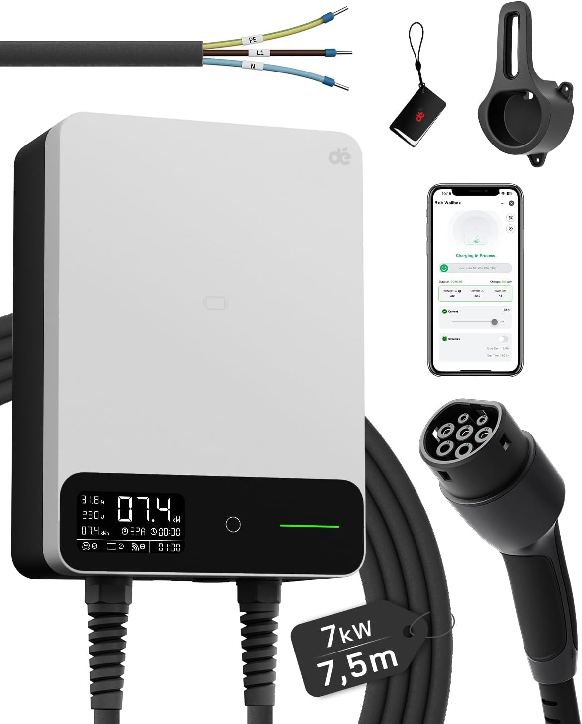 dé Tipo 2, 7 kW, cabo de 7,5 m, branco; referência B0F7QL6THK