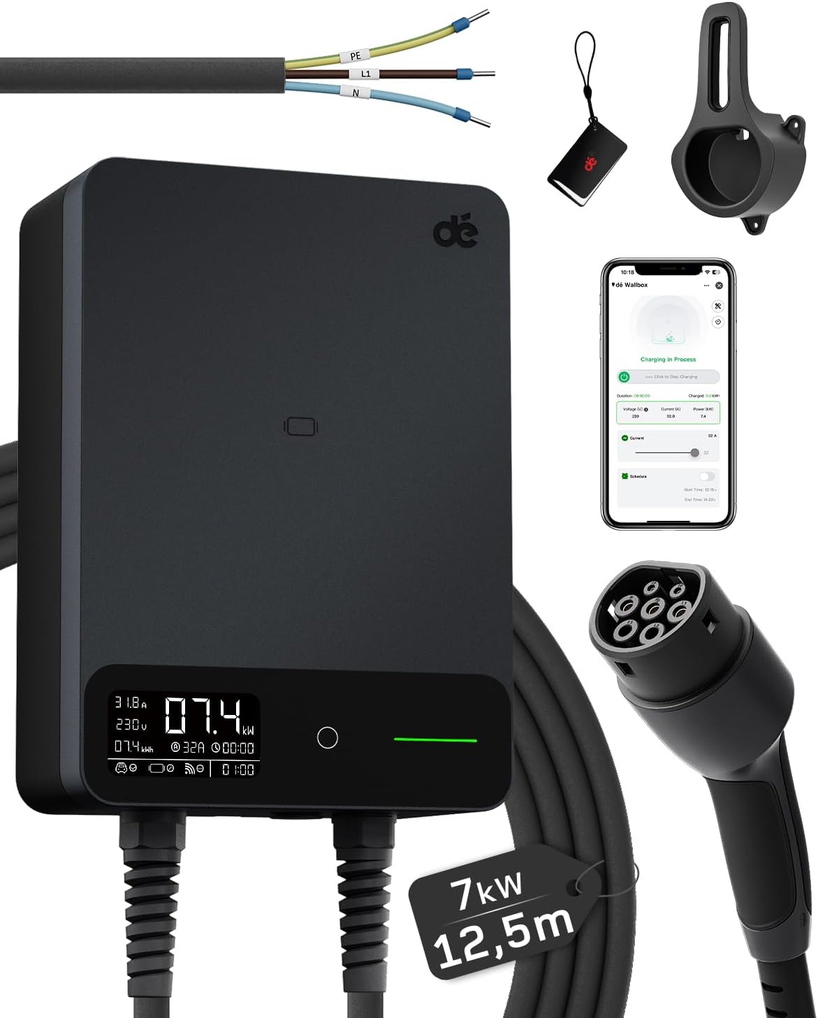 dé Tipo 2, 7 kW, cabo de 12,5 m, preto; referência B0FCL29TCH