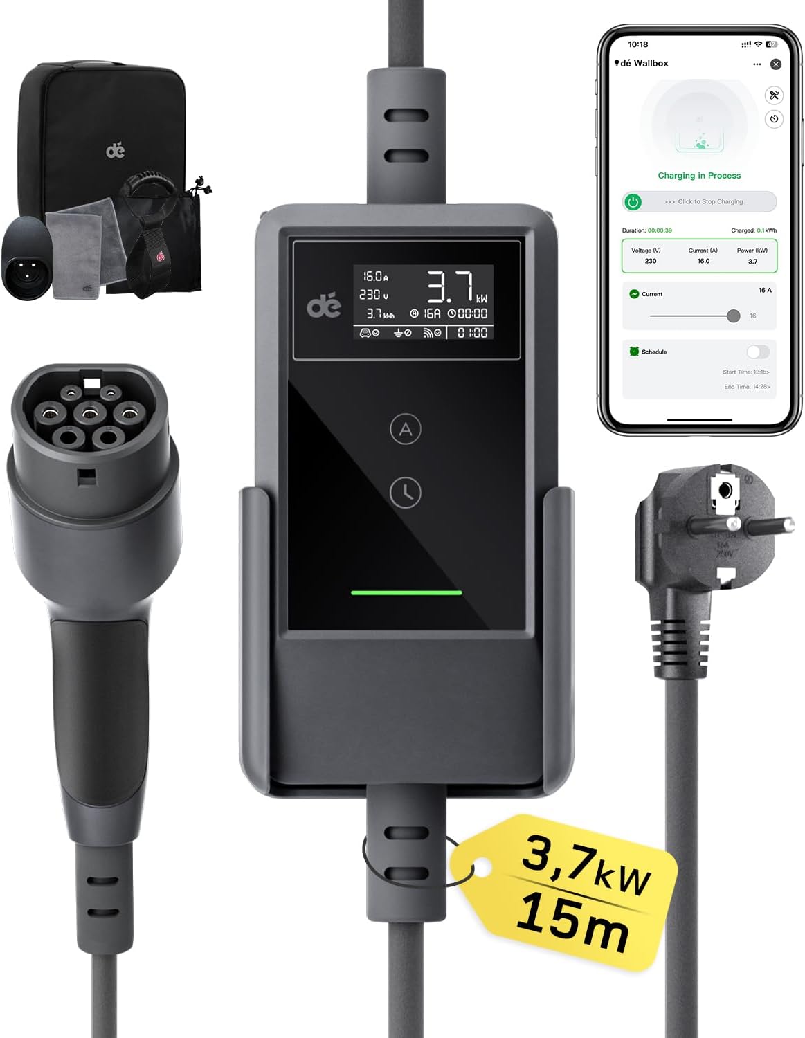 dé Tipo 2, 3,7 kW, cabo de 15 m, preto