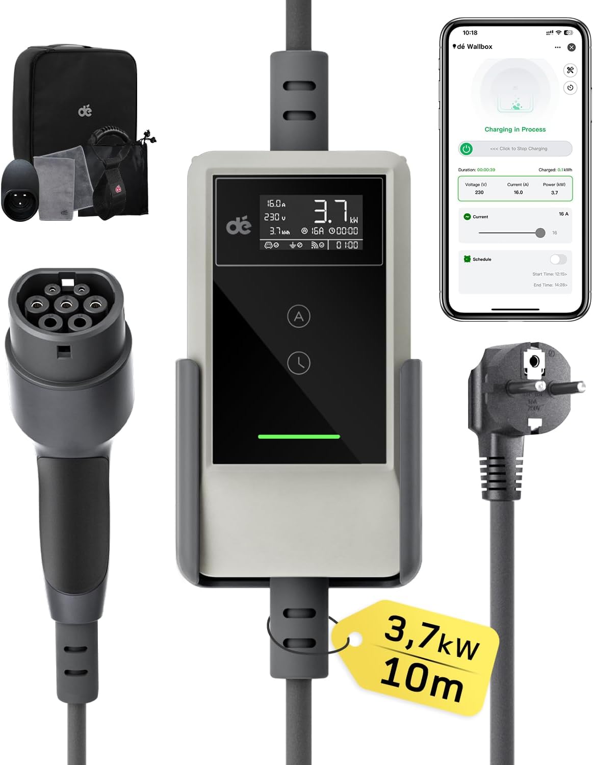 dé Tipo 2, 3,7 kW, cabo de 10 m, branco