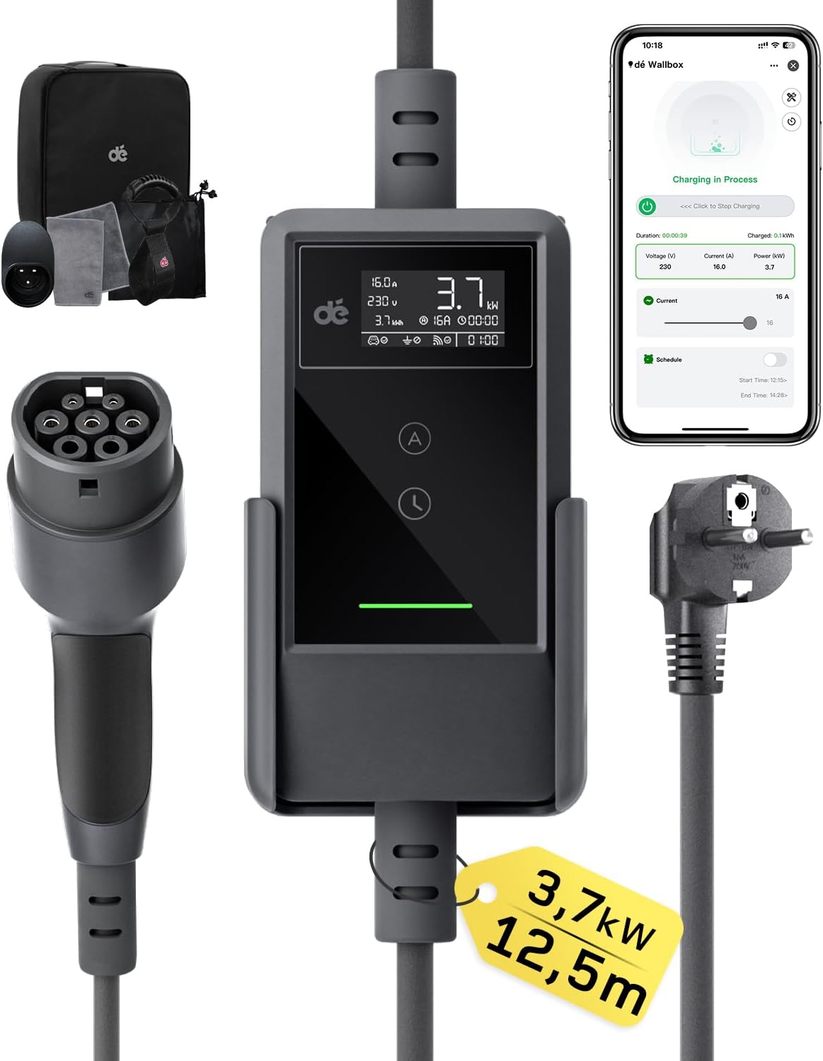 dé Tipo 2, 3,7 kW, cabo de 12,5 m, preto